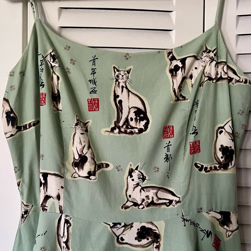 Vintage Green Cat Print homemade Dress